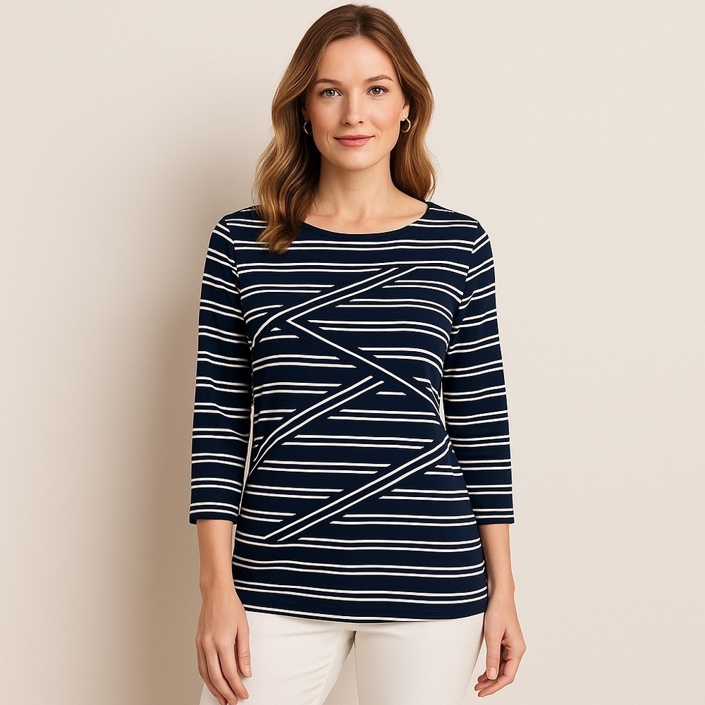 Chico’s Women’s Layered Double-Stripe Top Black White Nautical Preppy Coastal M